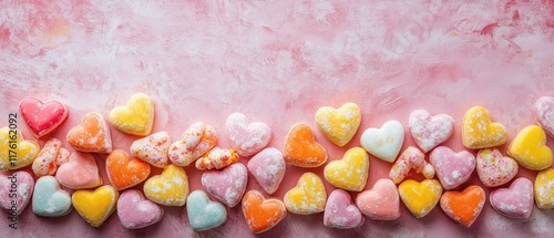 valentines day candy hearts colorful candy hearts with romantic phrases scattered on a pink background leaving an open area for text copy space playful theme vibrant blend mode swe photo