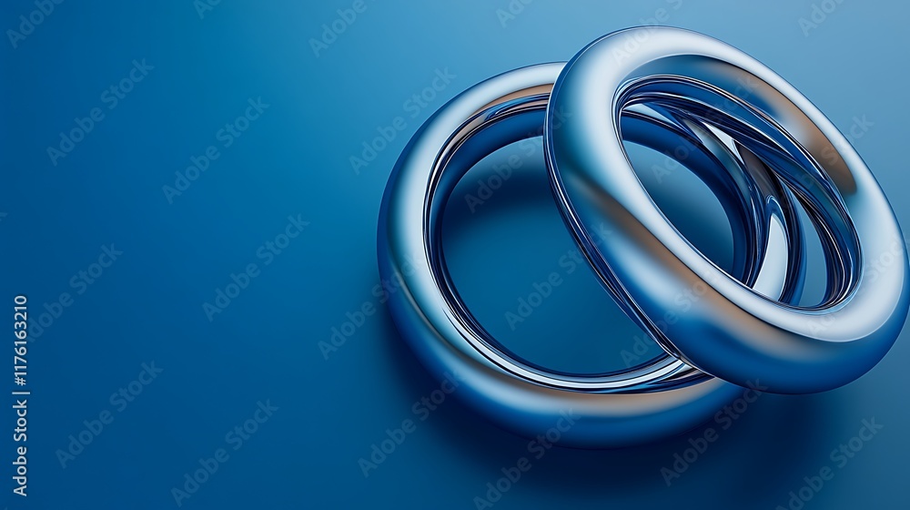 Fototapeta premium Creative 3D abstract interlocked rings placed on a smooth blue surface