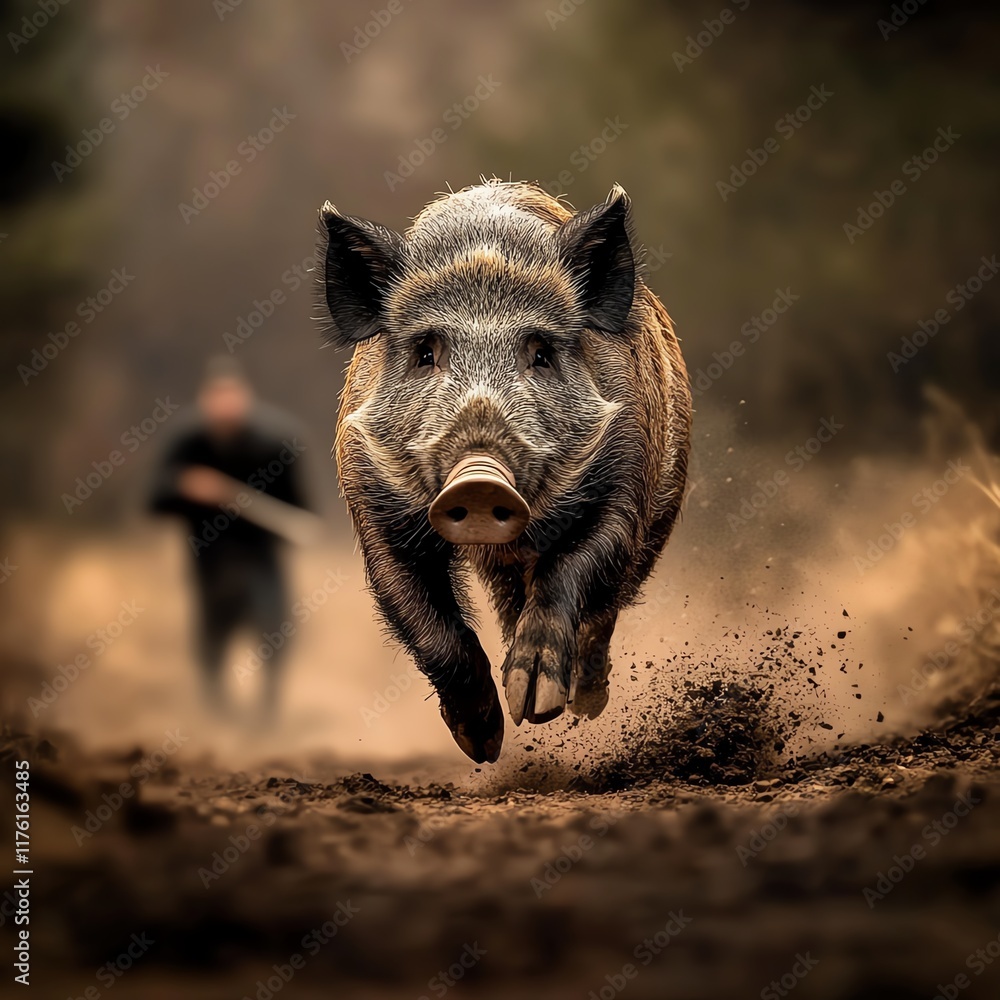 Wild boar running through forest with blurred hunter in background. Wild boar running through forest with blurred hunter in background.