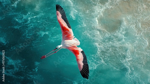Pink flamingo in flight over turquoise water. (1)