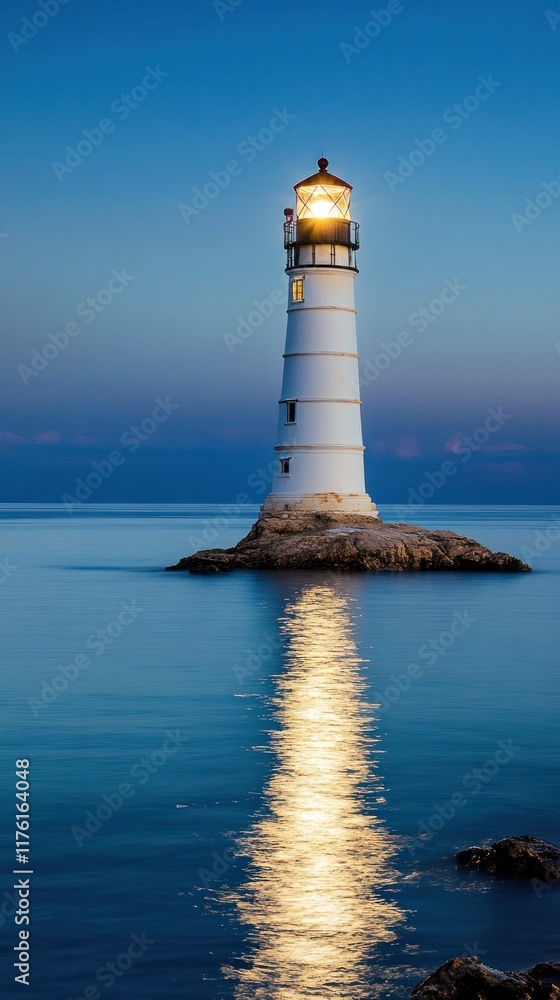 Majestic lighthouse standing tall on a rocky island surrounded by the calm reflective waters of the serene ocean The warm Majestic lighthouse standing tall on a rocky island surrounded by the calm reflective waters of the serene ocean The warm