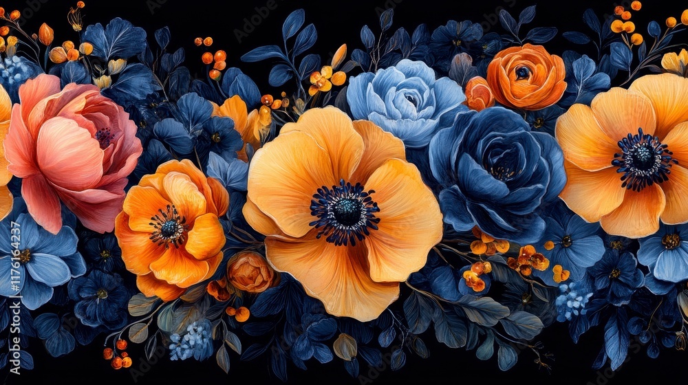 Dark blue and orange floral border. Dark blue and orange floral border.