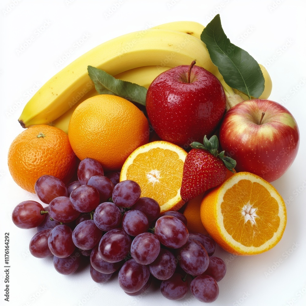 Fresh fruit arrangement banana, apples, oranges, grapes, strawberry. Fresh fruit arrangement banana, apples, oranges, grapes, strawberry.