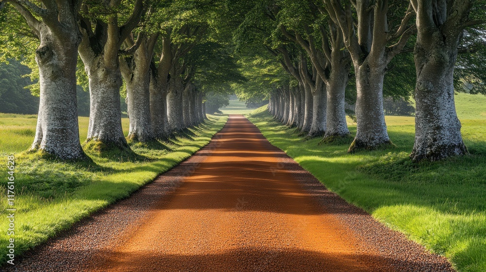 Fototapeta premium A serene tree-lined pathway leads into a lush green landscape under soft morning light.