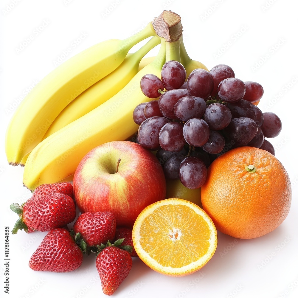 Fresh fruit assortment bananas, grapes, apples, strawberries, oranges. Fresh fruit assortment bananas, grapes, apples, strawberries, oranges.