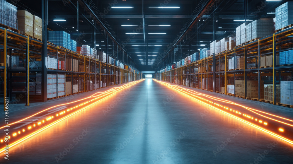 Warehouse interior showcasing shelves lined with products and a glowing pathway, highlighting a modern storage facility in a busy industrial area at night Warehouse interior showcasing shelves lined with products and a glowing pathway, highlighting a modern storage facility in a busy industrial area at night