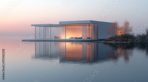 Modern glass house by the water at sunset, reflecting serene surroundings.
