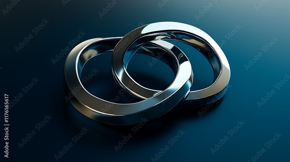Dynamic 3D rendering of interlocked rings over a dark blue background with reflective effects Dynamic 3D rendering of interlocked rings over a dark blue background with reflective effects