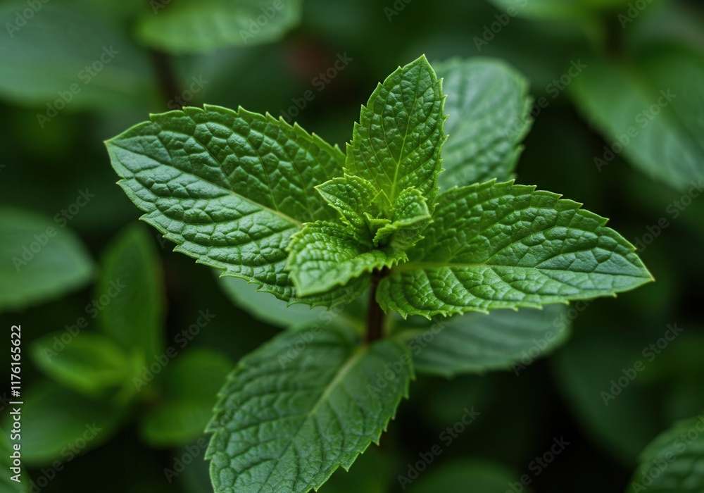 Fresh green mint leaves with detailed veins in a vibrant natural setting Fresh green mint leaves with detailed veins in a vibrant natural setting