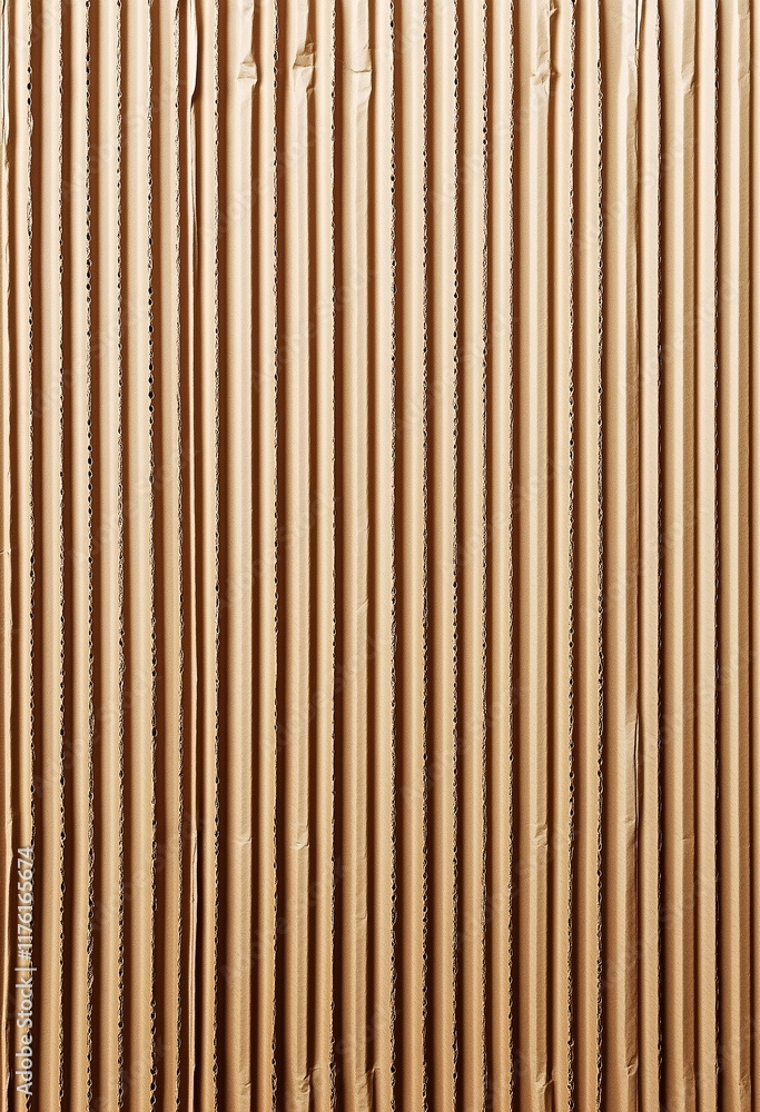Close-up of the textured surface of the wavy vertical line pattern of brown corrugated cardboard. Close-up of the textured surface of the wavy vertical line pattern of brown corrugated cardboard.
