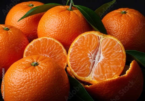 Fresh juicy oranges with leaves on dark background photo