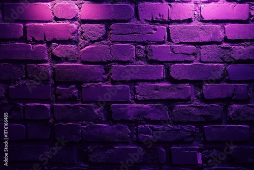 Purple illuminated brick wall texture background. photo