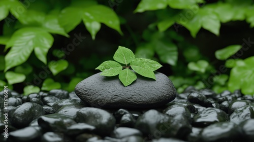 Green leaves resting on a smooth black stone surrounded by wet pebbles photo