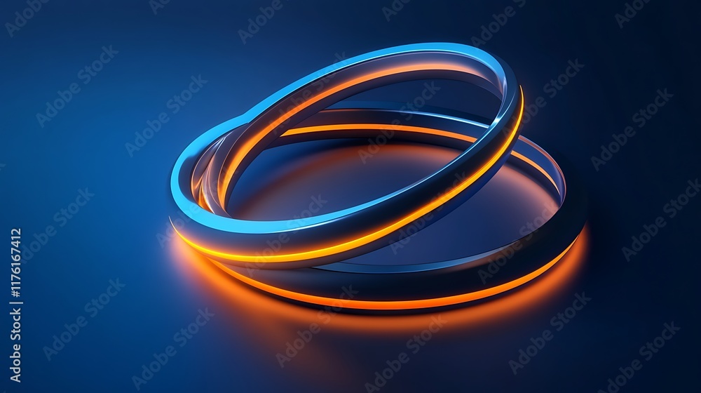 Fototapeta premium Geometric interlocked rings in 3D on a deep blue background with glowing edges