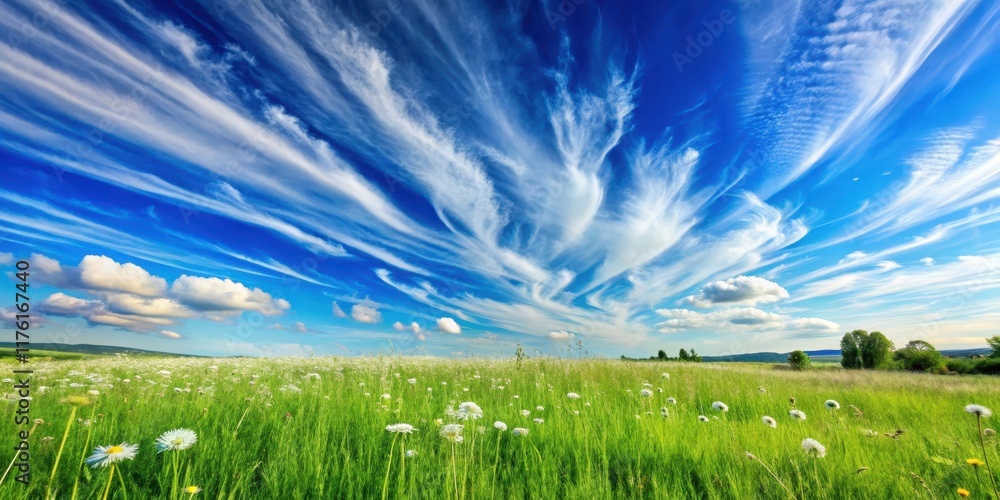 Fototapeta premium Vibrant blue sky with soft white clouds and a few wispy strands of cirrus, set against a bright green meadow with a few wildflowers swaying in the gentle breeze , blue sky, beautiful sky