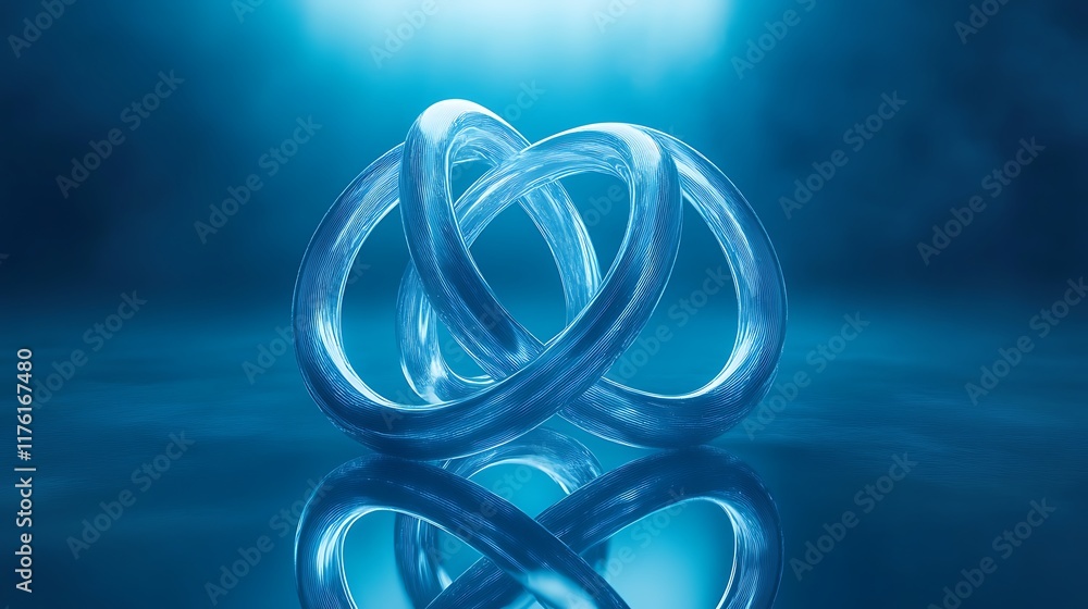 Fototapeta premium Abstract 3D interlocked rings with a glowing blue backdrop and soft reflections