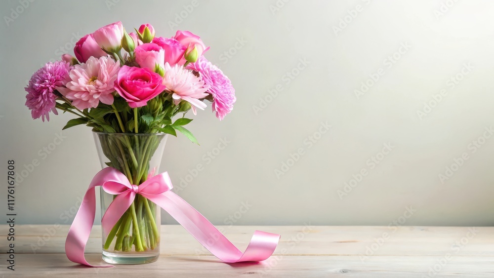 A pink ribbon tied around a bouquet of flowers in a vase A pink ribbon tied around a bouquet of flowers in a vase