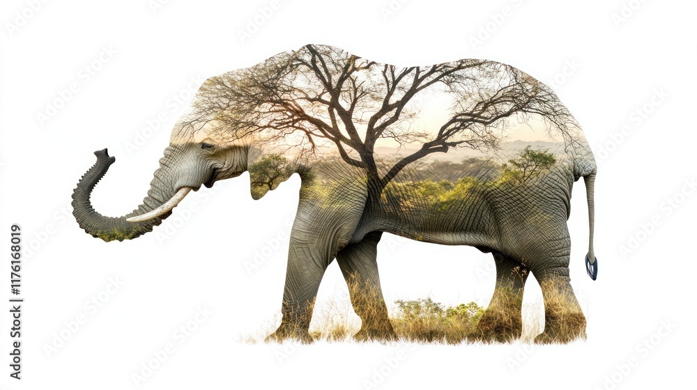 Fototapeta premium Double exposure of elephant and African savanna landscape at sunset.