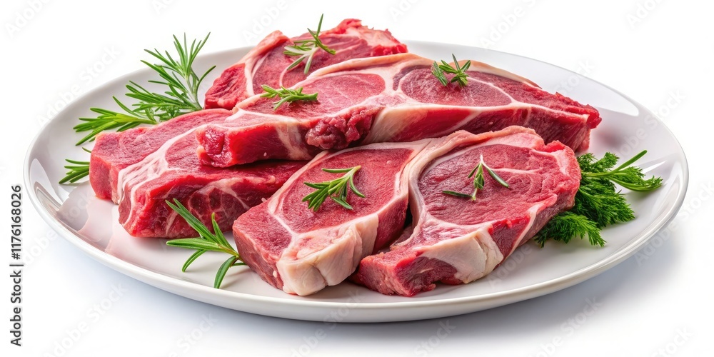 Raw Lamb Shoulder Chops Panoramic Photo, Isolated White Plate, High-Resolution Food Image Raw Lamb Shoulder Chops Panoramic Photo, Isolated White Plate, High-Resolution Food Image
