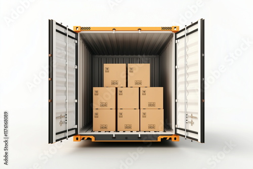 A rear view of a white cargo truck with the back door open, revealing the interior filled with brown parcel boxes. Delivery, transportation, and logistics concepts.