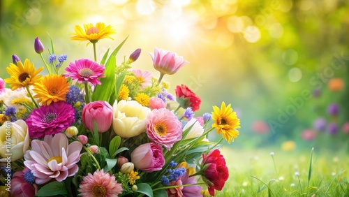 Colorful Floral Bouquet with Soft Petals and Greenery in a Seamless Background, flower field, spring, flower field