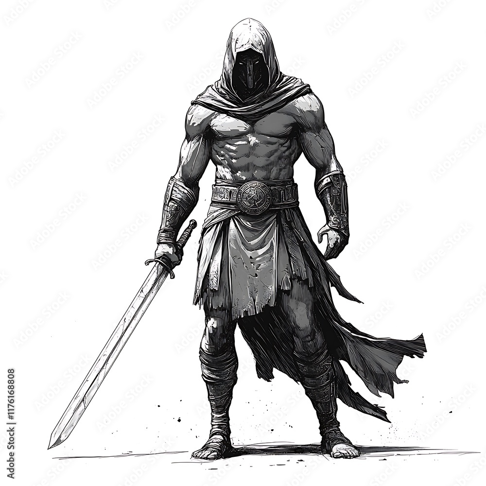 Fototapeta premium A powerful monochrome illustration of a hooded warrior, wielding a large sword, standing defiantly.
