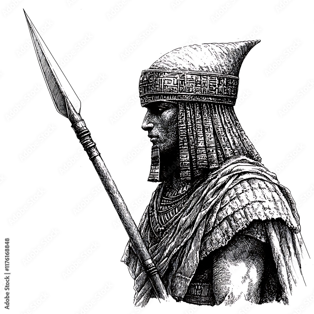 Obraz premium Profile illustration of an ancient warrior holding a spear, wearing ornate headgear and clothing.