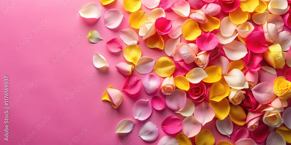 Vibrant paper rose petals scattered on a bright pink background with white and yellow hues Vibrant paper rose petals scattered on a bright pink background with white and yellow hues