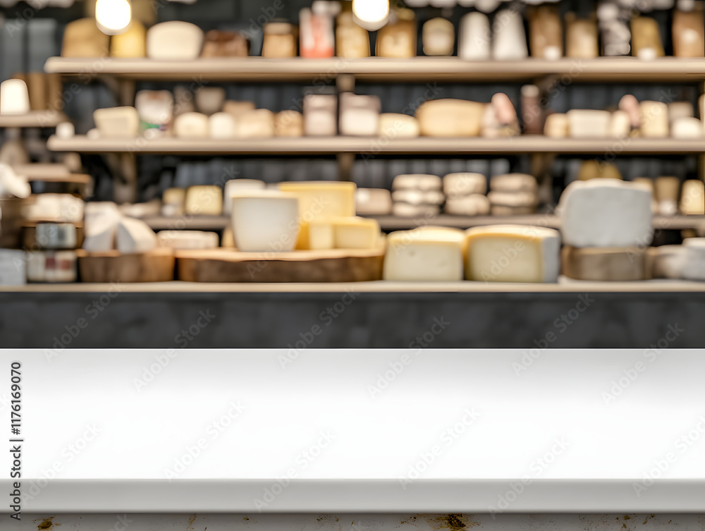 White Countertop with Blurred Background of Cheese Selection on Shelves White Countertop with Blurred Background of Cheese Selection on Shelves