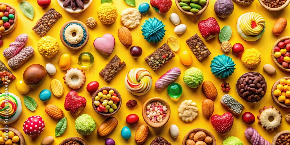 Aerial View Assorted Sweets Nuts Yellow Background - Delicious Treats Overhead Shot Aerial View Assorted Sweets Nuts Yellow Background - Delicious Treats Overhead Shot