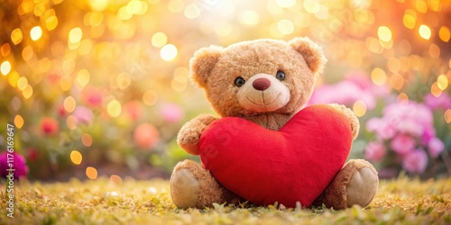 Wallpaper Mural Adorable teddy bear cuddling a plush heart-shaped pillow with soft and snuggly texture, sitting on a colorful floral background, with warm and cozy lighting , plush toy, cozy Torontodigital.ca