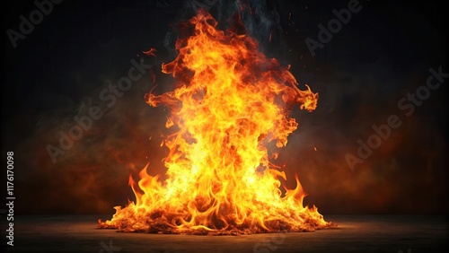 Blazing Flame Isolated Over Dark Night Sky , fire, intense heat,  fire, intense heat