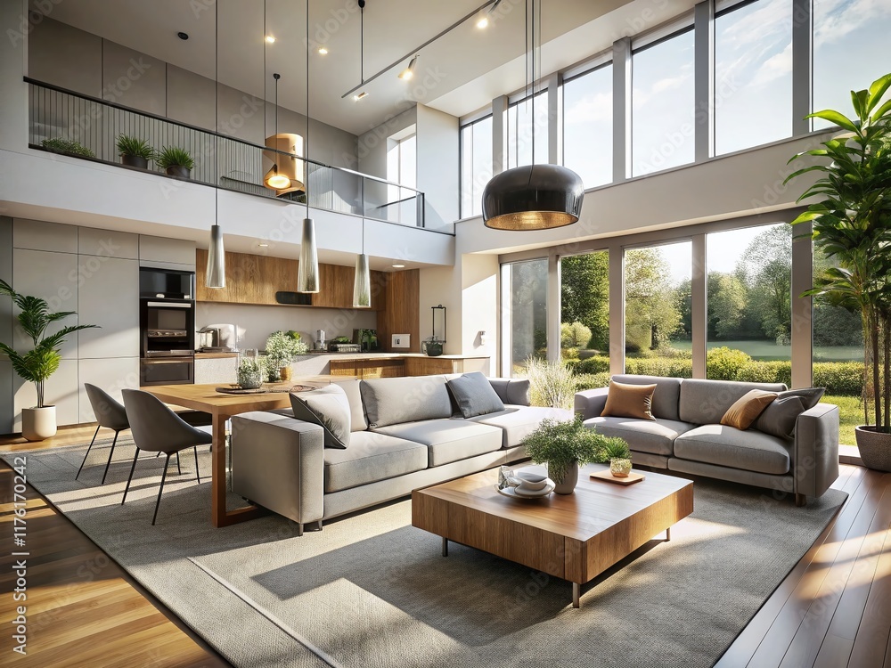 Fototapeta premium Aerial View: Modern Contemporary Open Plan Living Room & Kitchen Walkthrough Animation
