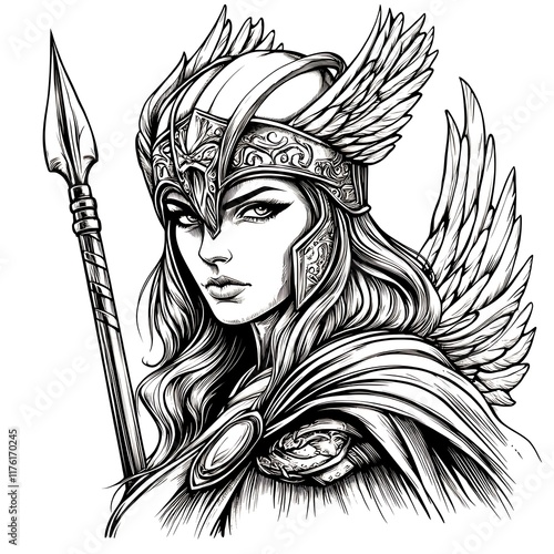 Black and White Illustration of a Valkyrie Warrior Woman with Wings and Spear.