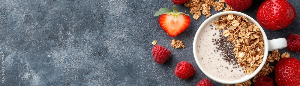 Smoothie bowl with chia seeds, granola, and berries promoting superfoods and nutrient-dense food Smoothie bowl with chia seeds, granola, and berries promoting superfoods and nutrient-dense food