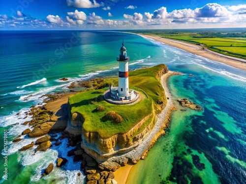 Aerial View of Chassiron Lighthouse, Ile d'Oleron, France - Dramatic Coastal Scene photo