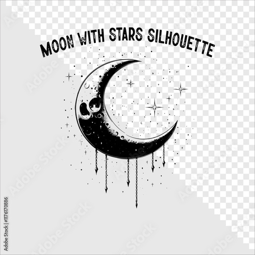 Hanging crescent moon with stars silhouette.