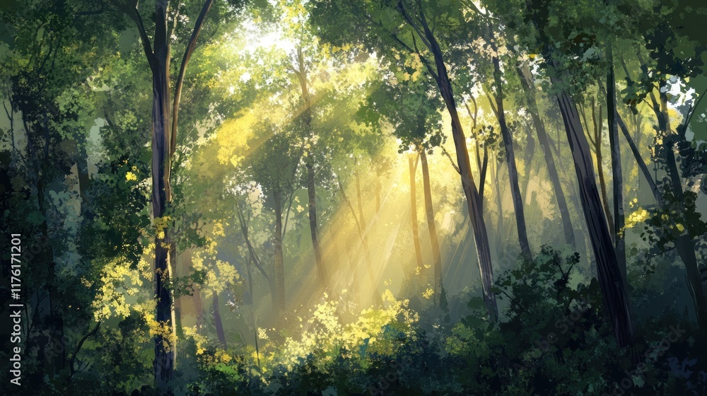 Obraz premium Sunbeams filtering through a lush green forest, creating a magical and serene atmosphere. A digital painting showcasing the beauty of nature.