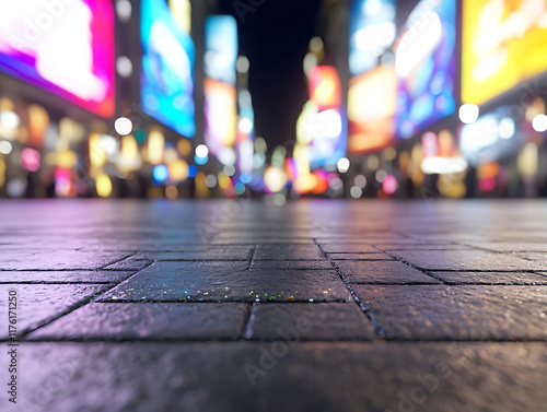 vibrant city square at night with colorful lights and reflections photo