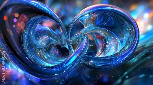 Blue abstract 3D shapes evolving against a multi-colored gradient backdrop with glowing accents