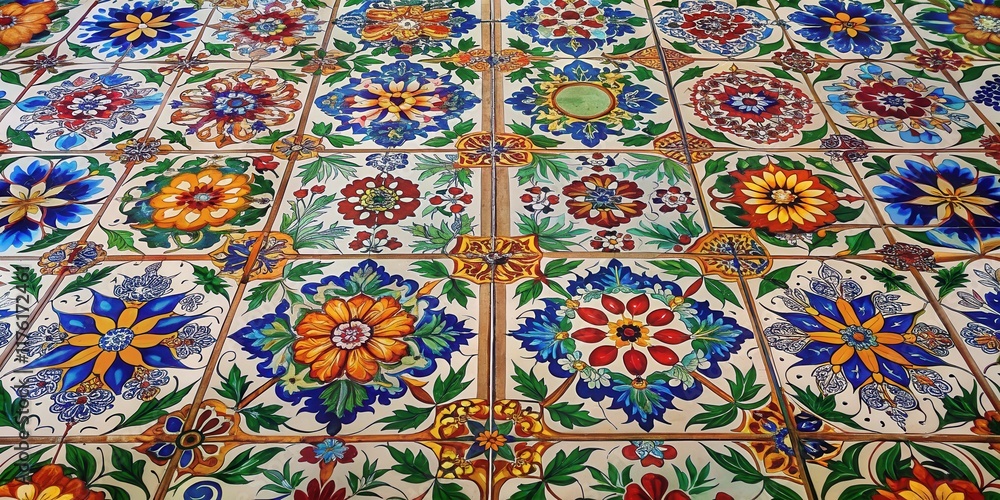 A vibrant patchwork of hand-painted ceramic tiles, each featuring intricate floral motifs in a symphony of colors and patterns, creating a captivating visual tapestry. A vibrant patchwork of hand-painted ceramic tiles, each featuring intricate floral motifs in a symphony of colors and patterns, creating a captivating visual tapestry.