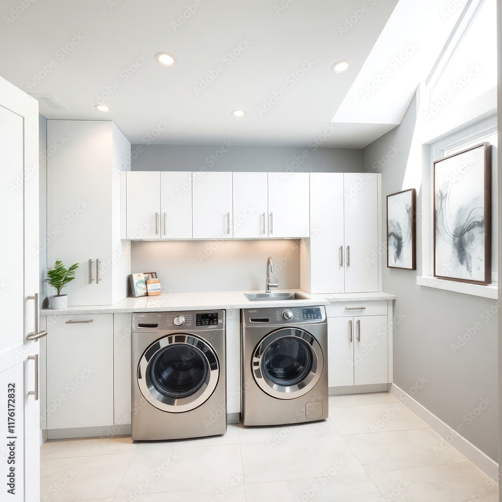 A modern and stylish laundry room that combines functionality with a sleek design. Washer and Dryer. Cabinetry. Counter Space. Natural Light. Artwork. Plants. A modern and stylish laundry room that combines functionality with a sleek design. Washer and Dryer. Cabinetry. Counter Space. Natural Light. Artwork. Plants.