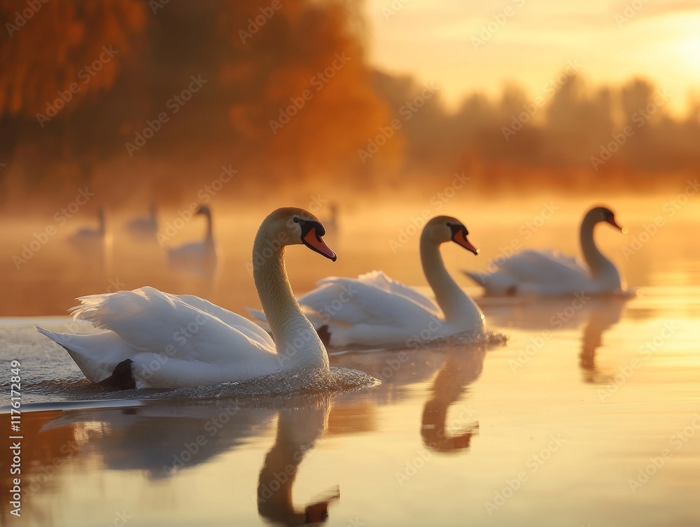 Fototapeta premium Serene Landscape of Graceful Swans on a Tranquil Lake - ai