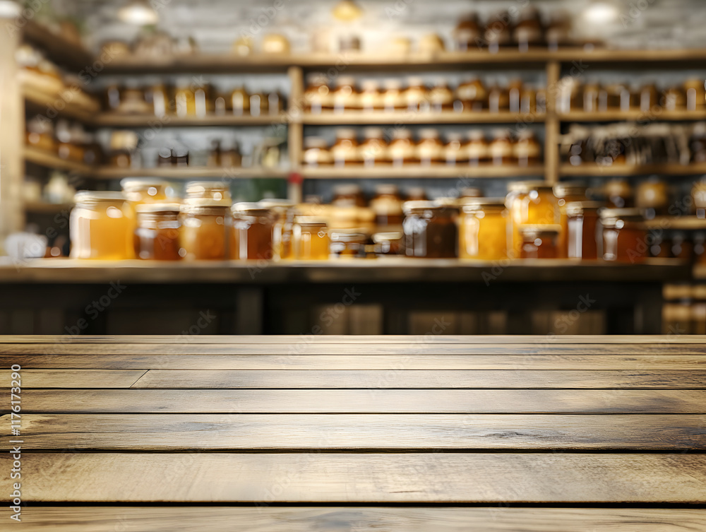 Wooden Table and Blurred Preserves in Jars on Shelves Wooden Table and Blurred Preserves in Jars on Shelves