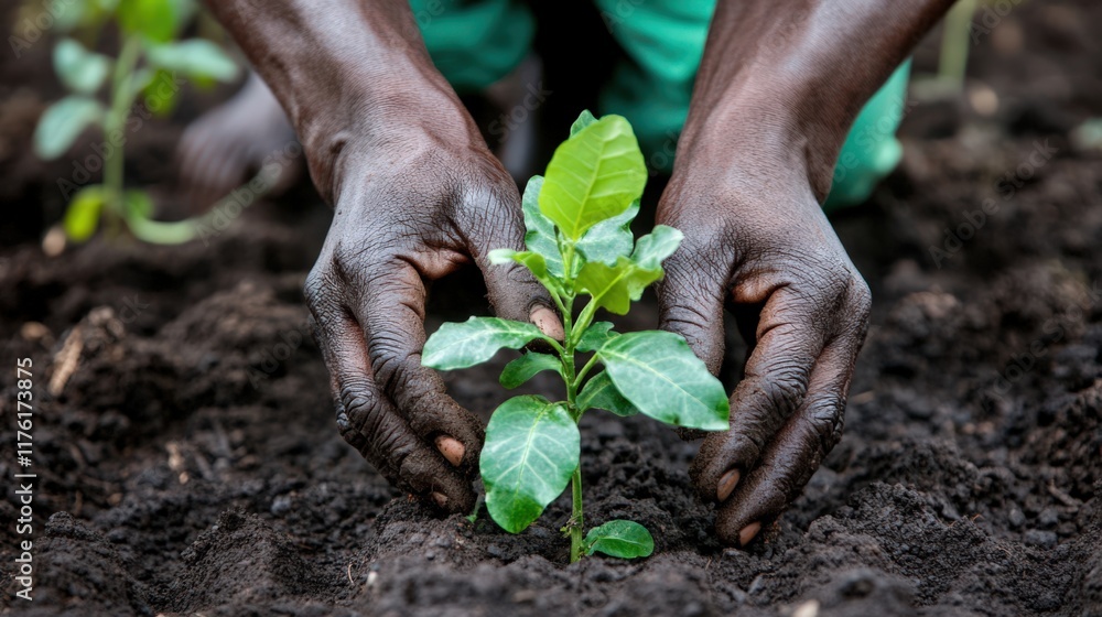A person is planting a small plant in the dirt A person is planting a small plant in the dirt