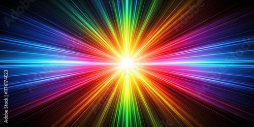 A radiant burst of color emanating from a central white light, showcasing vibrant hues of blue, purple, red, orange, yellow, and green in a dynamic radial pattern.