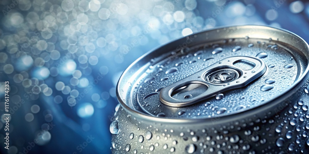 A Condensation-Covered Metal Top with a Ring Pull, Reflecting the Light of a Blue and White Bokeh Background A Condensation-Covered Metal Top with a Ring Pull, Reflecting the Light of a Blue and White Bokeh Background