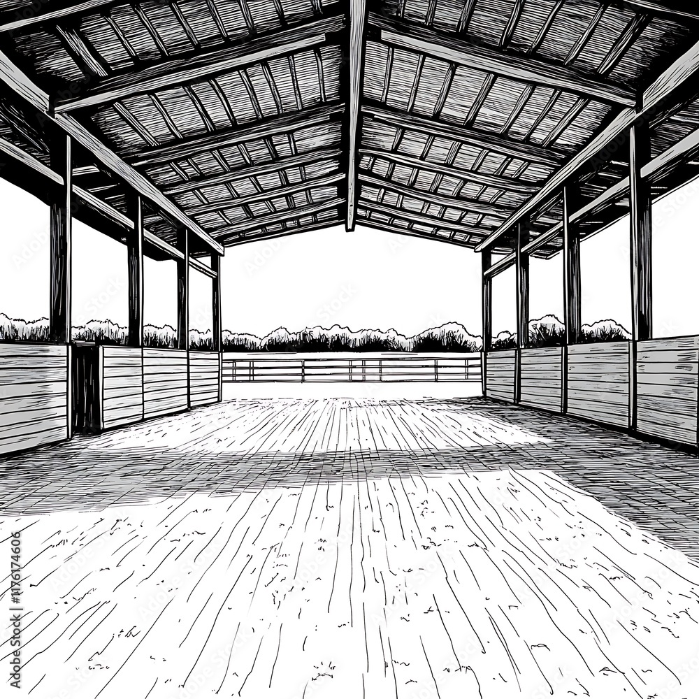 Black and White Line Drawing of an Empty Horse Riding Arena Under a Wooden Roof. Black and White Line Drawing of an Empty Horse Riding Arena Under a Wooden Roof.