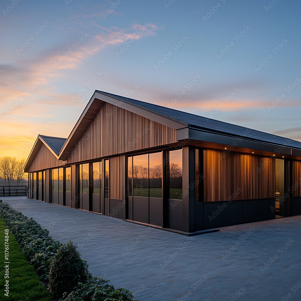Modern Wooden Building with Large Glass Windows at Sunset. Modern Wooden Building with Large Glass Windows at Sunset.