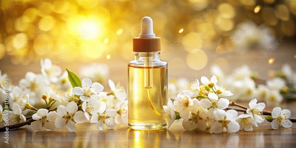 A Glass Dropper Bottle of Golden Liquid Nestled Amidst a Delicate Arrangement of White Blossoms, Basking in the Warm Glow of Sunlight. A Glass Dropper Bottle of Golden Liquid Nestled Amidst a Delicate Arrangement of White Blossoms, Basking in the Warm Glow of Sunlight.